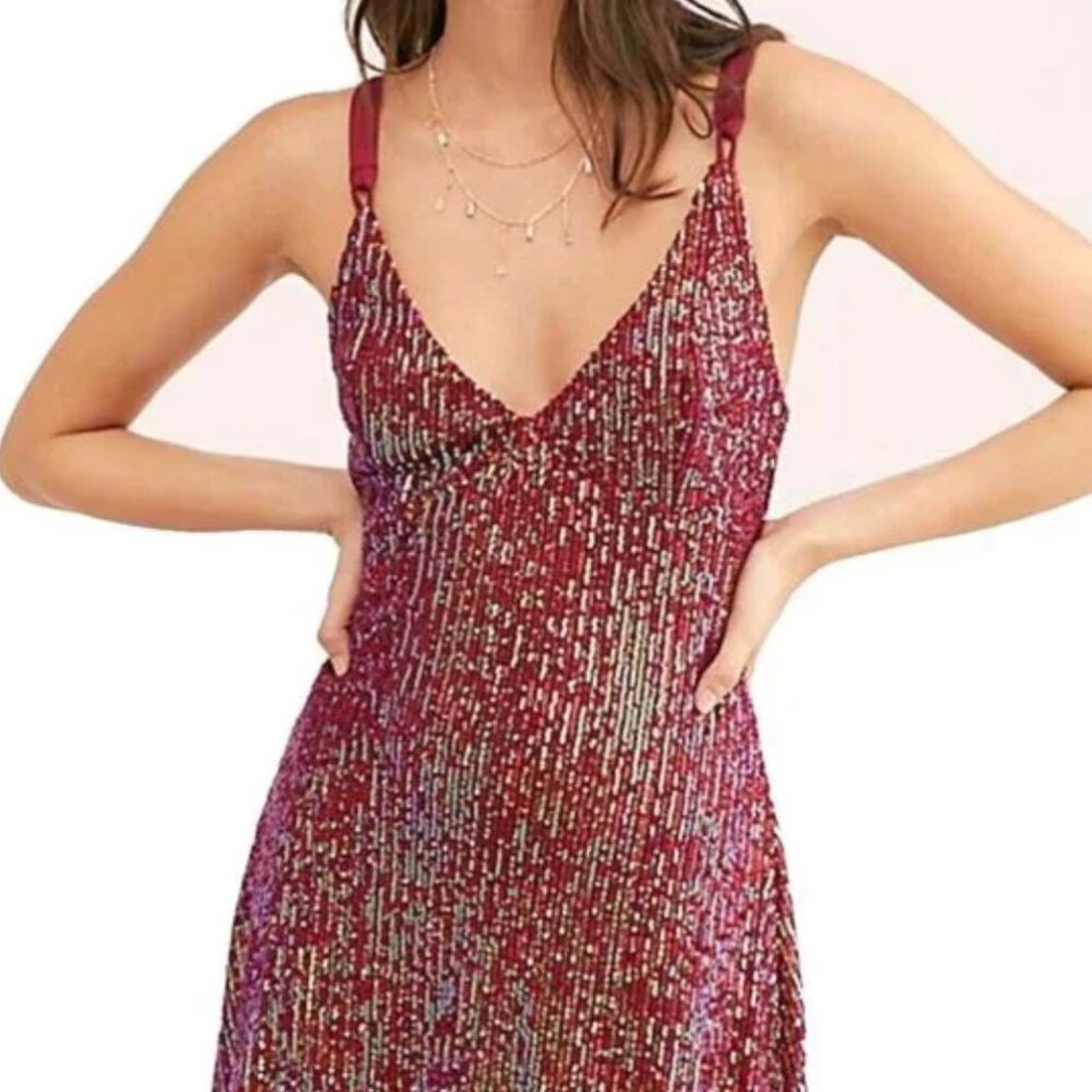 Free People Maroon Sequin Slip Dress-Size Small